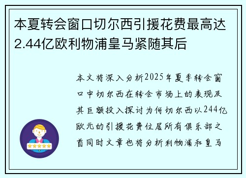 本夏转会窗口切尔西引援花费最高达2.44亿欧利物浦皇马紧随其后