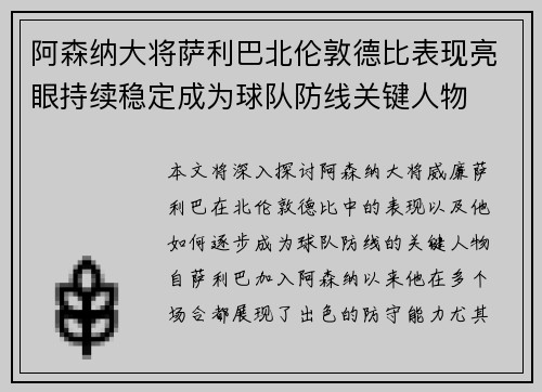 阿森纳大将萨利巴北伦敦德比表现亮眼持续稳定成为球队防线关键人物